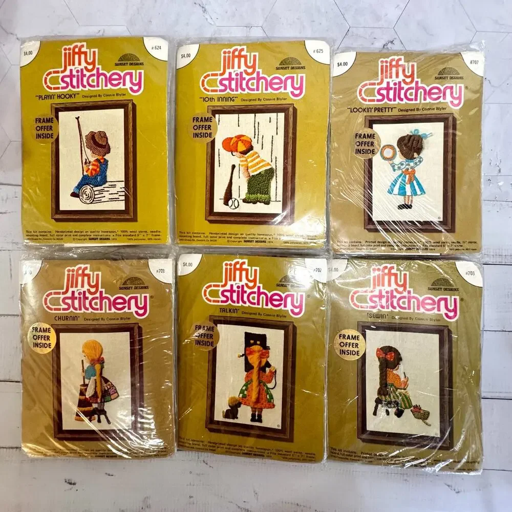 6 Vtg SEALED Sunset Jiffy Stitchery Crewel Embroidery Kits Connie Blyler NOS